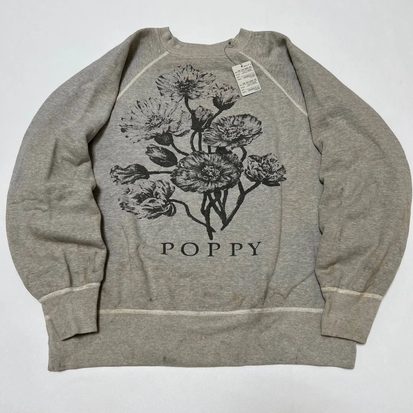 SAINT Mxxxxxx 'FLOWER' CREW NECK SWEAT SHIRTS Floral Distressed Retro Sweatshirt Distressed Gray S-XL Big Factory Four-needle Six-Thread Boneless Stitching Process/Original Horn Sleeve Version Top Printing Process Authentic Level Re-Engraving Garment Washing and Distressing/Hand-worn Graffiti Treatment Original Consistent Fruit Label/Little Angel Anti-Counterfeiting Label